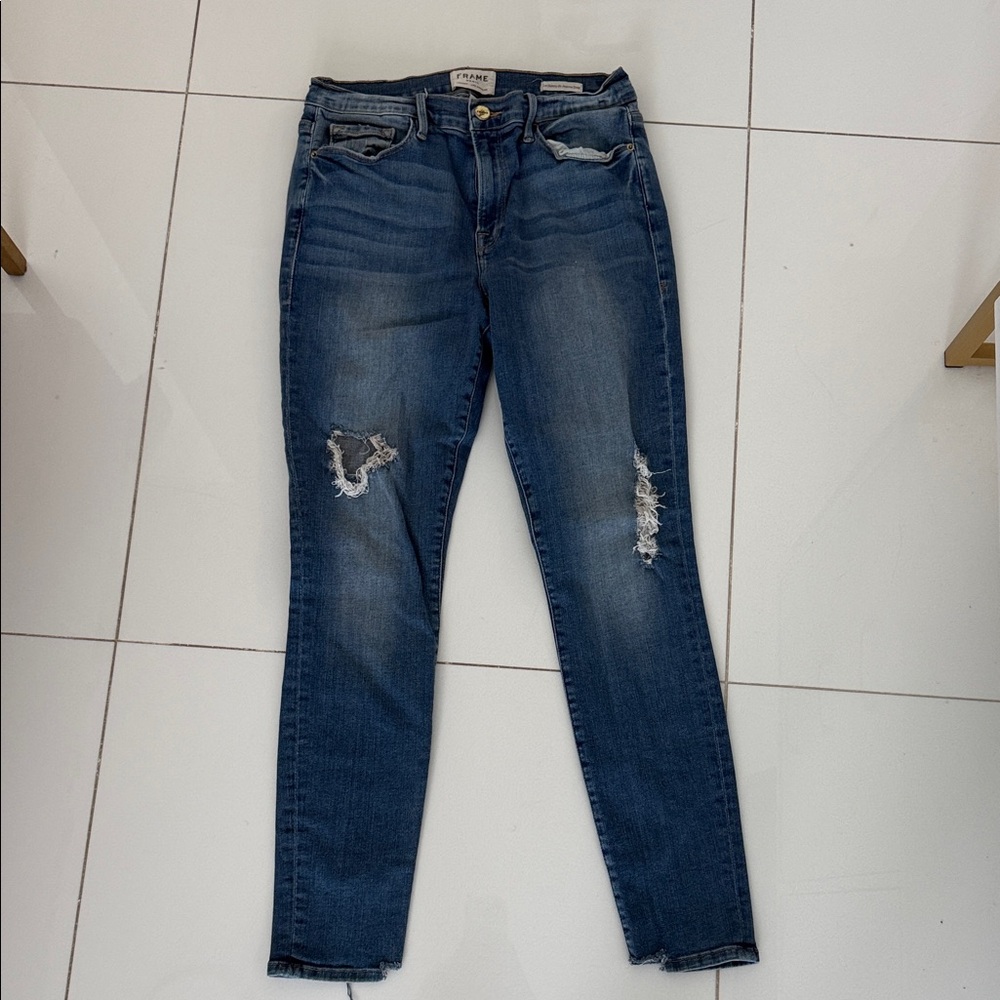 Frame Denim Dark Blue Distressed Skinny Jeans